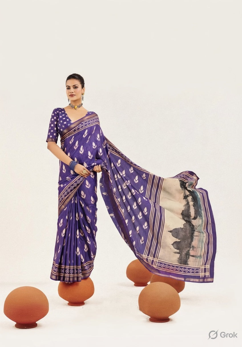 Purple Color Cotton Silk Fabric Designer Digital Printed Saree