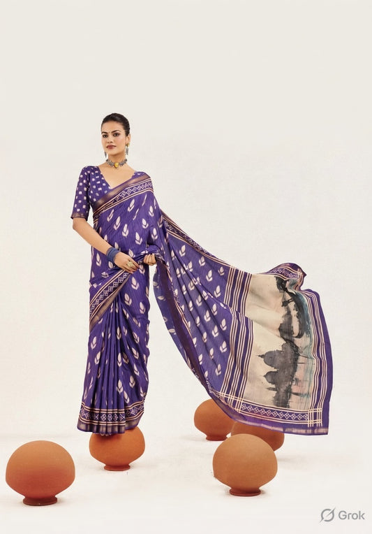 Purple Color Cotton Silk Fabric Designer Digital Printed Saree