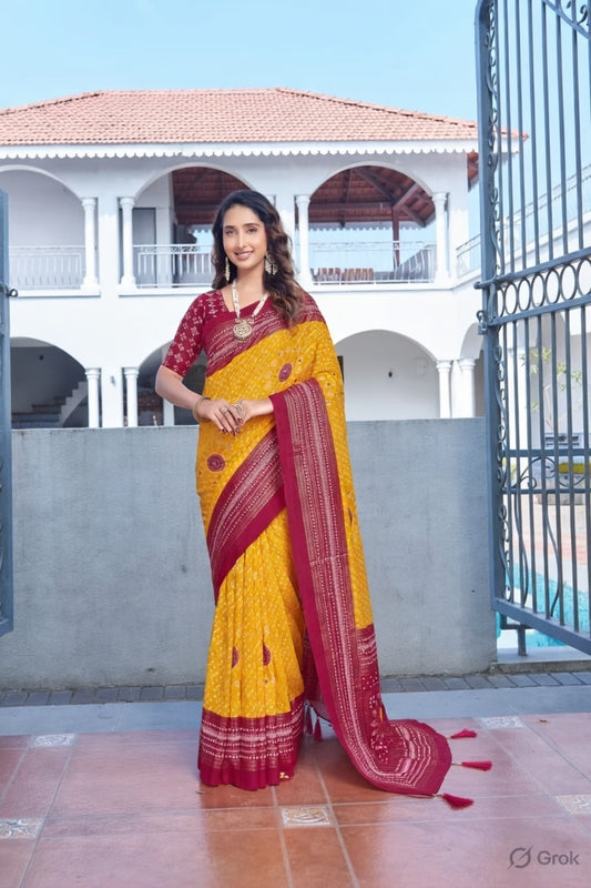 Yellow Color Velvet Tussar Silk Fabric Tradtional Woven Saree With Bandhej Print