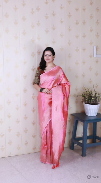 Baby Pink Color Soft Silk Woven Jari Designer Ethnic Partywear Saree