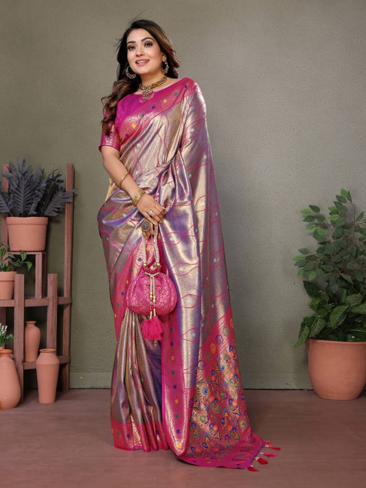Lavender Pure Banarasi Tissue Silk With Leheriya Weaving Saree With Blouse