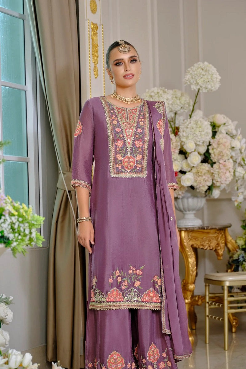 Luxury Wedding Lavender Embroidered Kurta Palazzo Set