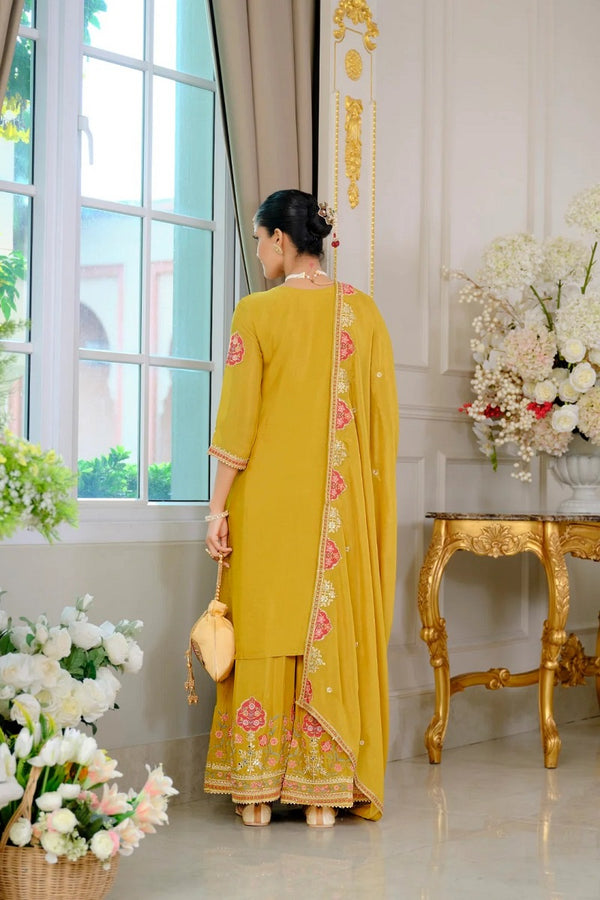 Luxury Wedding Yellow Embroidered Kurta Palazzo Set