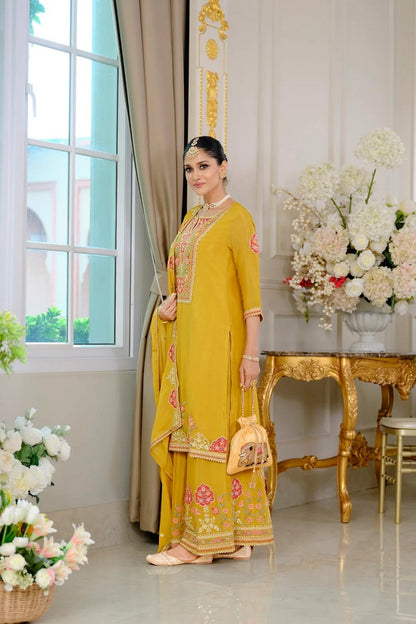 Luxury Wedding Yellow Embroidered Kurta Palazzo Set