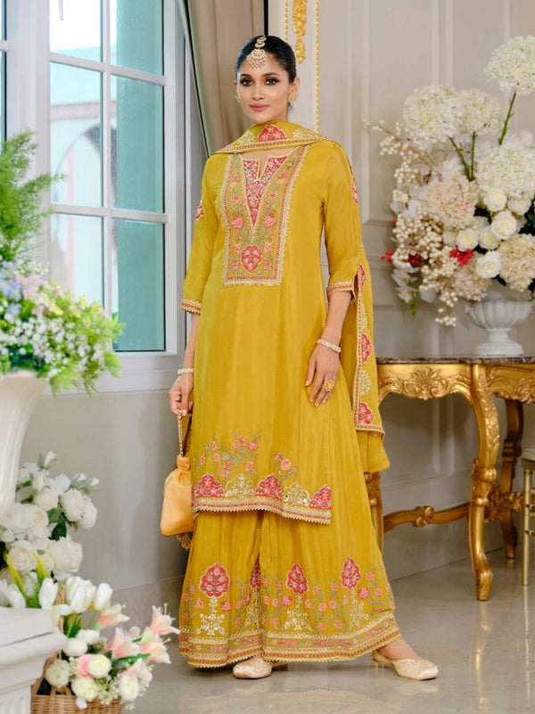 Luxury Wedding Yellow Embroidered Kurta Palazzo Set
