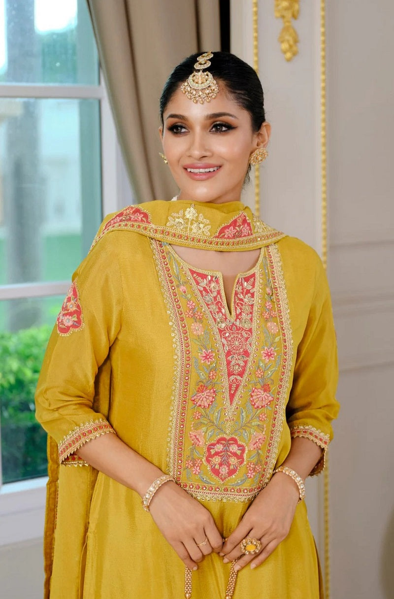 Luxury Wedding Yellow Embroidered Kurta Palazzo Set