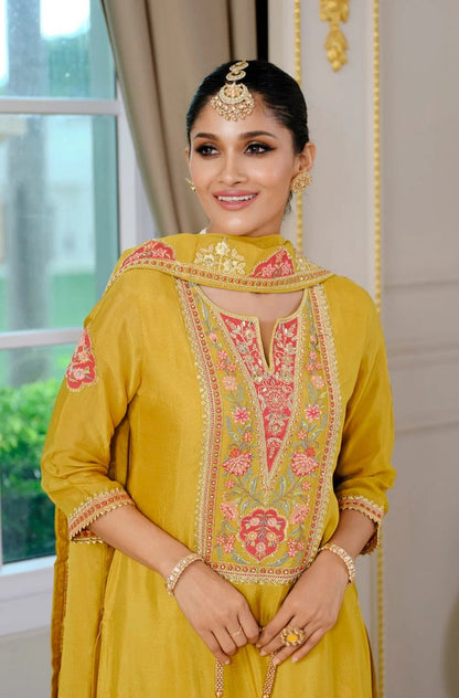 Luxury Wedding Yellow Embroidered Kurta Palazzo Set