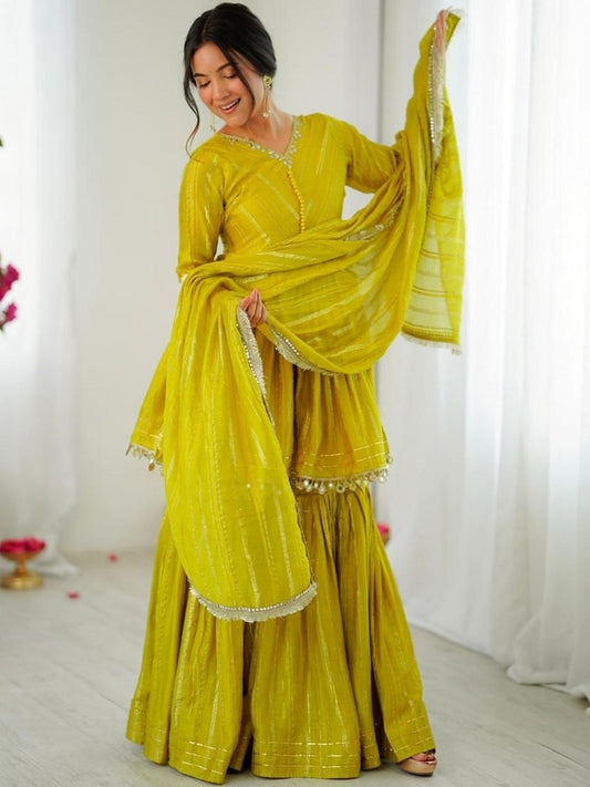 Yellow Mal Chanderi With Mirror & hand work Sharara Suit