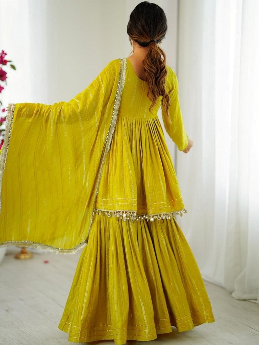 Yellow Mal Chanderi With Mirror & hand work Sharara Suit