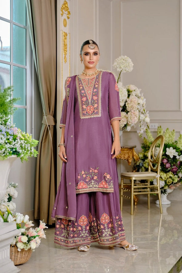 Luxury Wedding Lavender Embroidered Kurta Palazzo Set