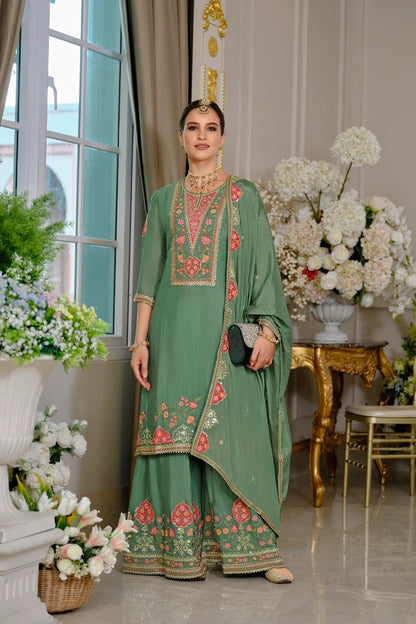 Luxury Wedding Seagreen Embroidered Kurta Palazzo Set