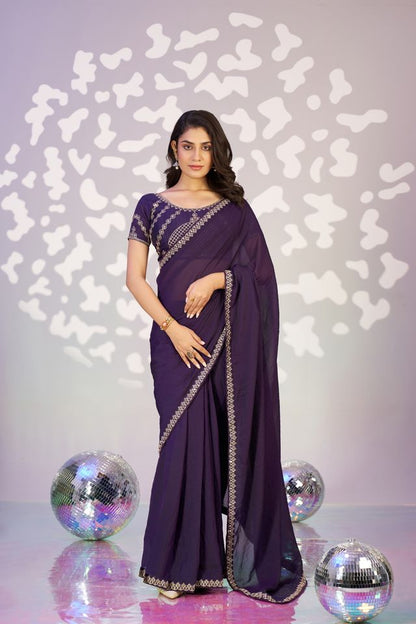 Purple Color Ethnic Embroidered Moss Chiffon Fabric Girlie Partywear Saree