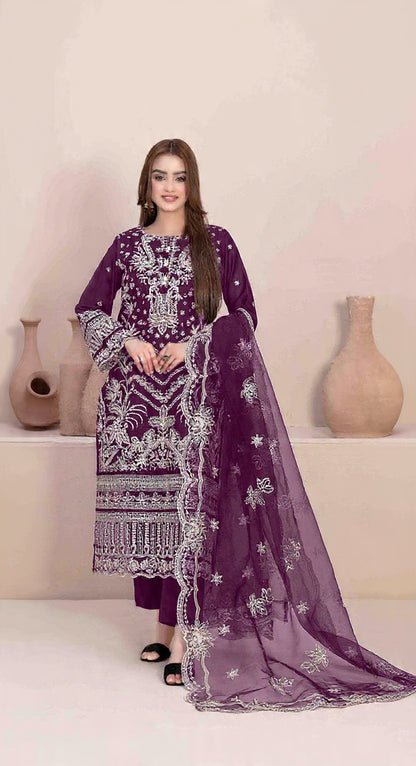 Purple Faux Georgette Semi Stitched Suit with Embroidery Work