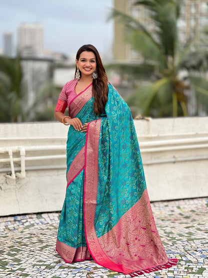 Sea Green Color Patola Silk Fabric Woven Meenakari Designer Saree