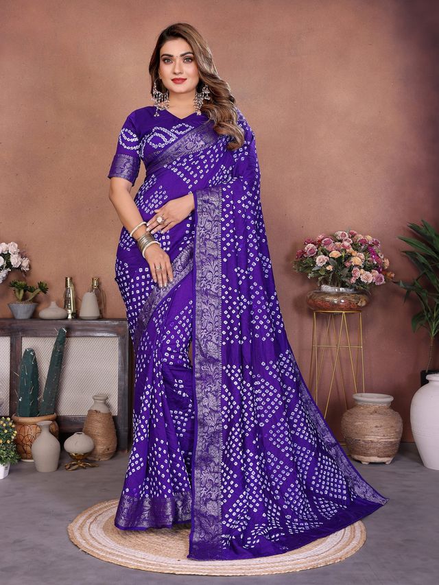 Violet Color Beautiful Festive Special Bandhej Printed Traditional Saree