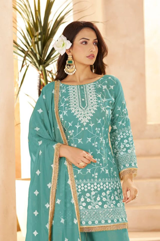Aqua Blue Georgette All Over Cotton Thread & Sequins Work Palazzo Sets Size upto 44