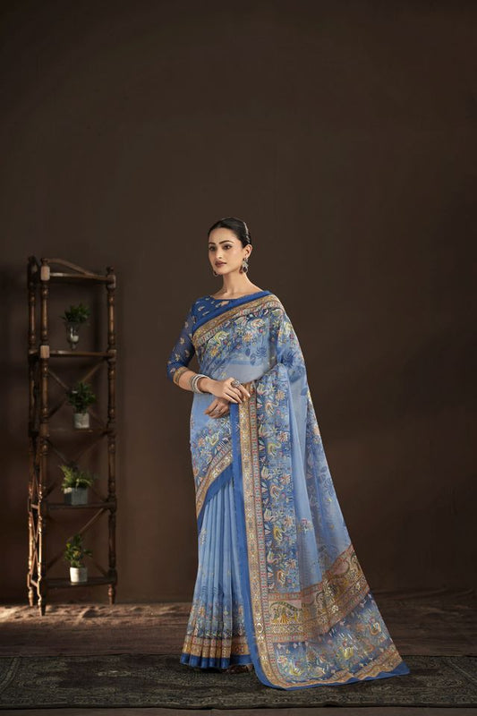 Blue Color Crepe Silk Fabric Designer Foil Printed Saree