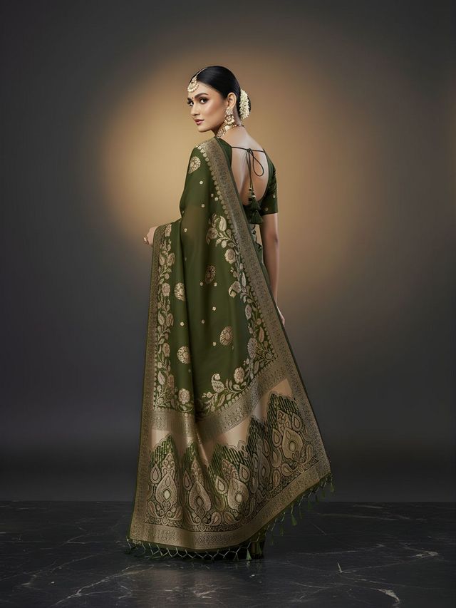 Green Color Ethnic Crepe Silk Fabric Woven Jacquard Designer Ceremonial Saree