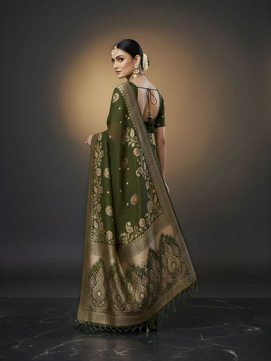 Green Color Ethnic Crepe Silk Fabric Woven Jacquard Designer Ceremonial Saree