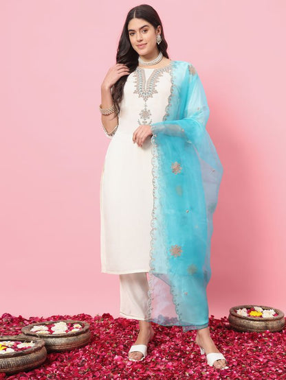 White Color Silk Blended Ethnic Partywear Ceremonial Suit