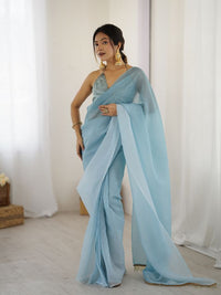 Designer Sky Blue Color Candy Crush Silk Fabric Stylish Pre Stitched Saree