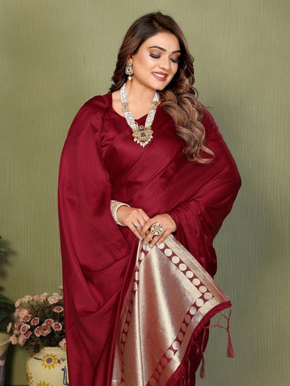 Maroon Color Satin Silk Fabric Ethnic Woven Lagdi Pallu Designer Saree