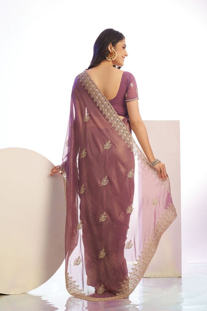 Wine Color Stylish Heavy Partywear Saree For Rich Girlie Looks