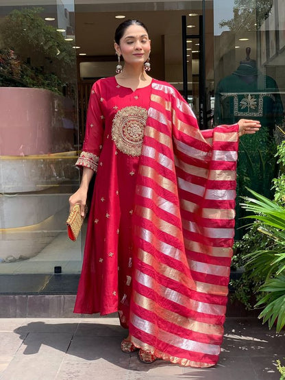 Red Color Silk Blend Fabric Designer Partywear Salwar Kameez