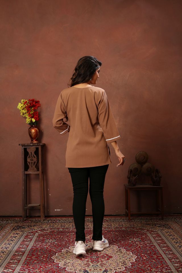 Brown Color Rinkal Cotton Fabric Formal Looking Casual Short Kurta