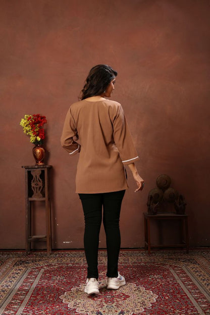 Brown Color Rinkal Cotton Fabric Formal Looking Casual Short Kurta