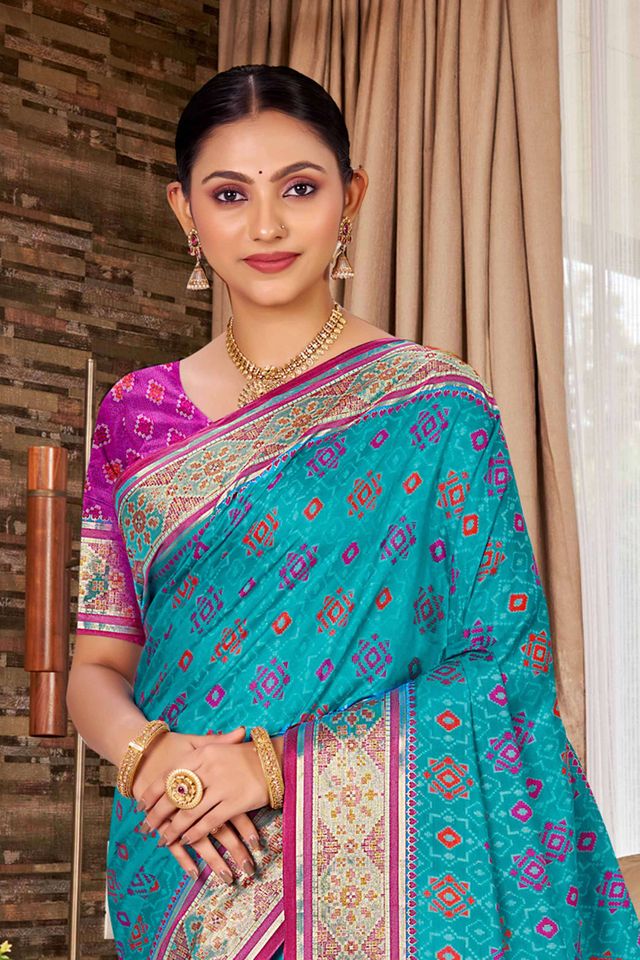 Firozi Color Ethnic Patola Silk Fabric Beautiful Festive Saree