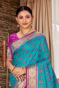 Firozi Color Ethnic Patola Silk Fabric Beautiful Festive Saree