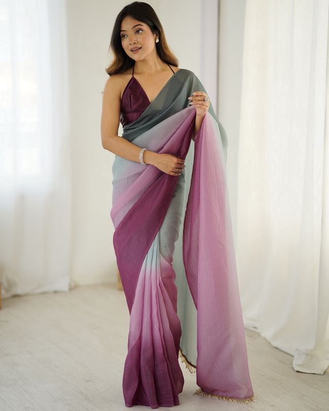 Designer Grey-Wine Color Candy Crush Silk Fabric Stylish Pre Stitched Saree