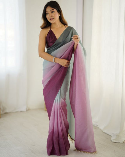 Designer Grey-Wine Color Candy Crush Silk Fabric Stylish Pre Stitched Saree