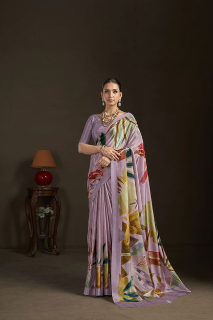 Purple Color Stylish Digital Printed Silk Crepe Fabric Saree For Trendy Looks