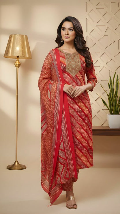 Red Color Cotton Fabric Stylish And Trendy Kurta Set For Ethnic Girls