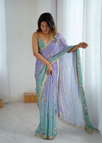 Lavender-Pista Color Beautiful Satin Chiffon Fabric Beautiful Stylish Saree