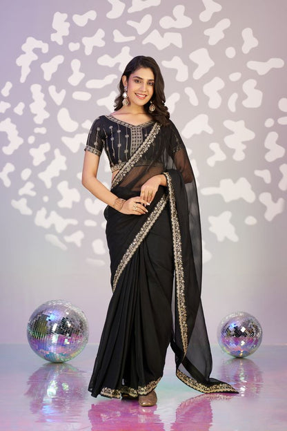 Black Color Ethnic Embroidered Simmer Chiffon Fabric Girlie Partywear Saree