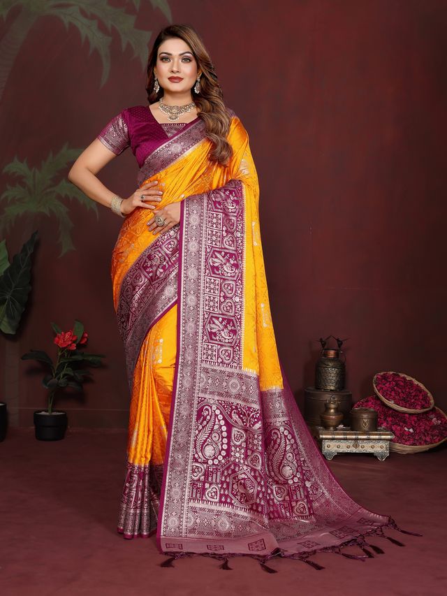 Yellow Color Satin Silk Fabric Woven Jari Designer Graceful Partywear Saree