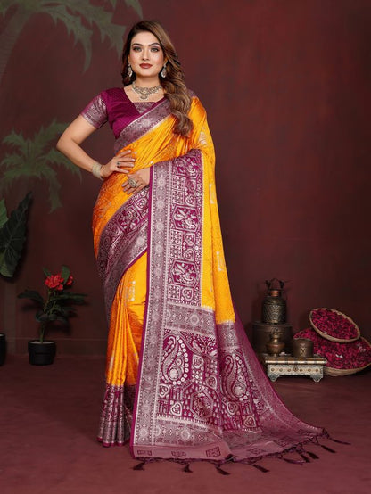 Yellow Color Satin Silk Fabric Woven Jari Designer Graceful Partywear Saree