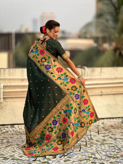Green Color Paithani Silk Fabric Woven Designer Partywear Saree