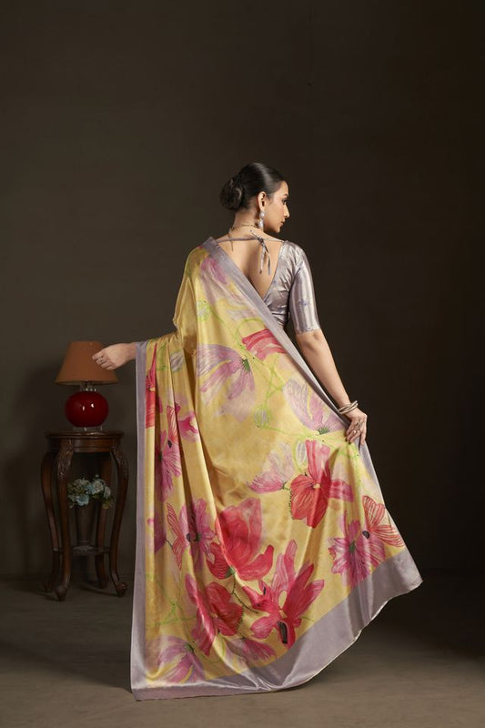 Yellow Color Stylish Digital Printed Silk Crepe Fabric Saree For Trendy Looks