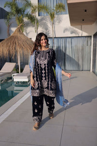 Blue Color Ice Velvet Fabric Ethnic Heavy Embroidered Ceremonial Suit With Dupatta