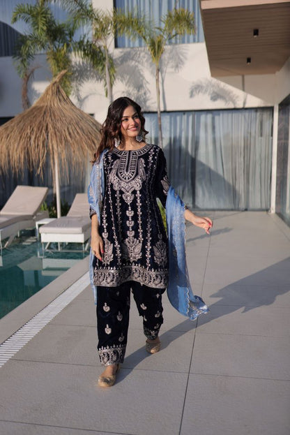 Blue Color Ice Velvet Fabric Ethnic Heavy Embroidered Ceremonial Suit With Dupatta