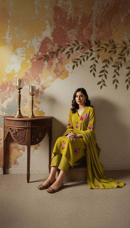 Green Color Chanderi Fabric Designer Embroidered Readymade Suit