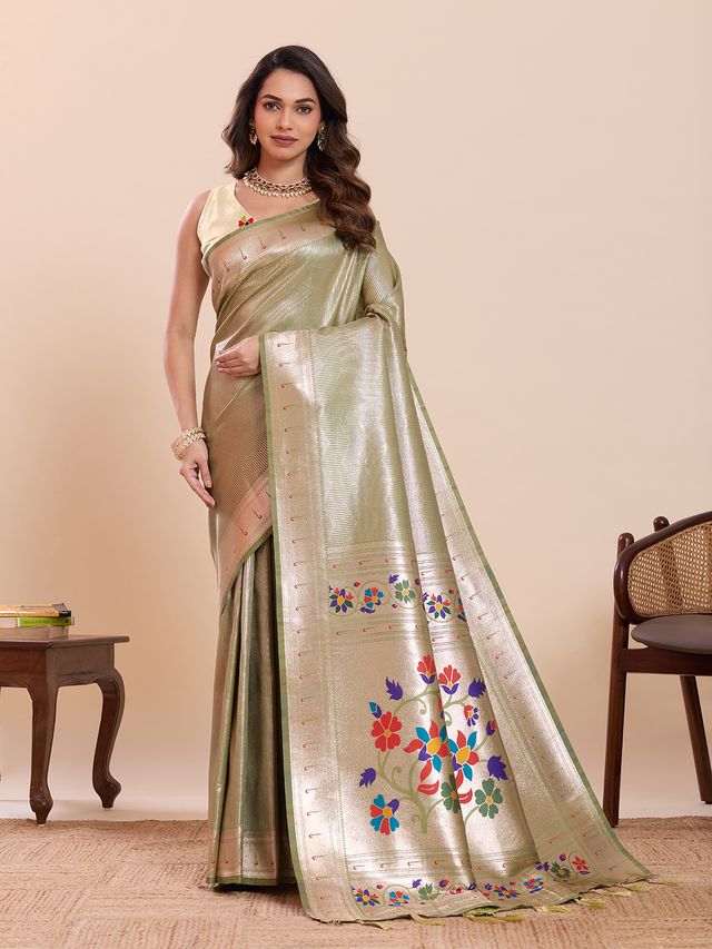 Pista Color Beautiful Soft Silk Fabric Woven Designer Saree