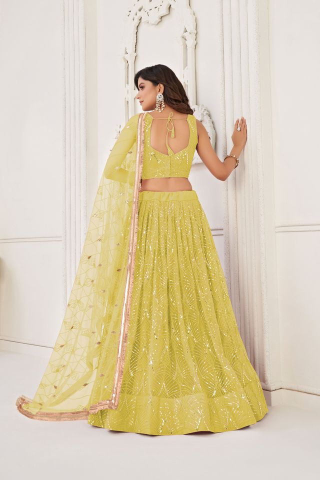 Lemon Color Butterfly Net Fabric Designer Sequins Embroidered Ceremonial Lehenga Choli