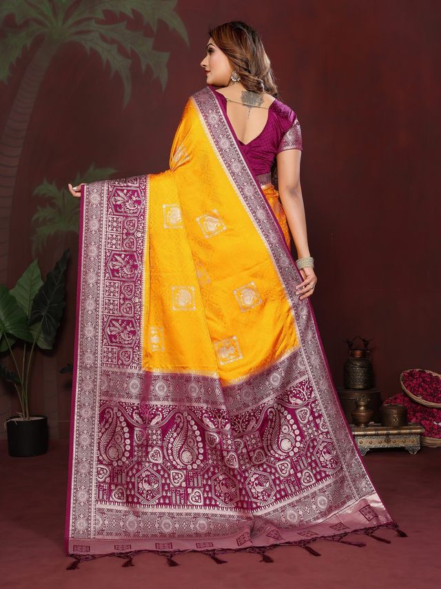 Yellow Color Satin Silk Fabric Woven Jari Designer Graceful Partywear Saree
