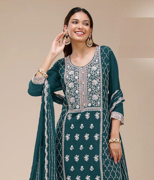 Rama Color Georgette Fabric Designer Embroidered Palazzo Suit For Girls