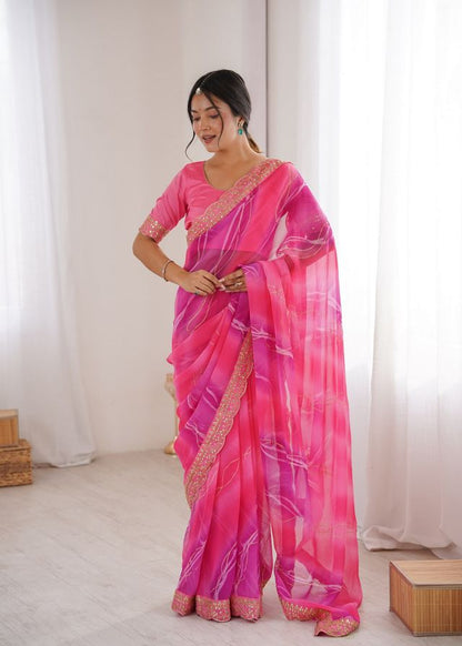 Pink Color Georgette Chiffon Fabric Saree With Designer Festive Looks Saree